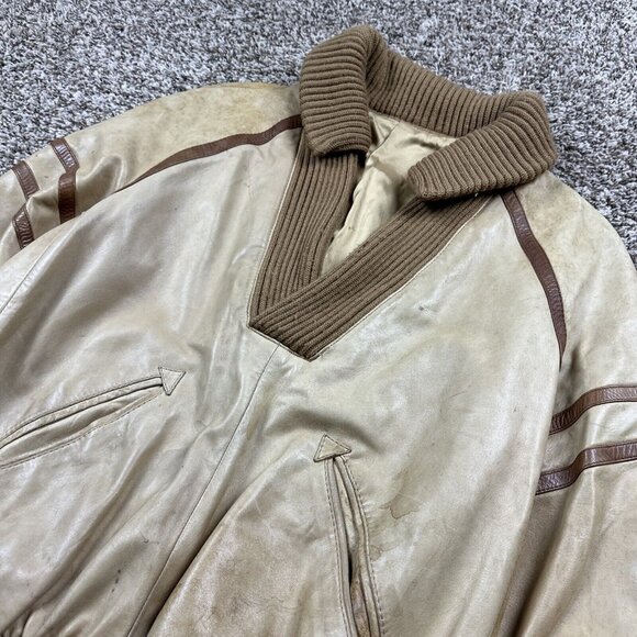 Vintage 70s Knit Sweater Mens Medium Lined Leather Pullover Jacket V Neck Italy - Picture 2 of 12